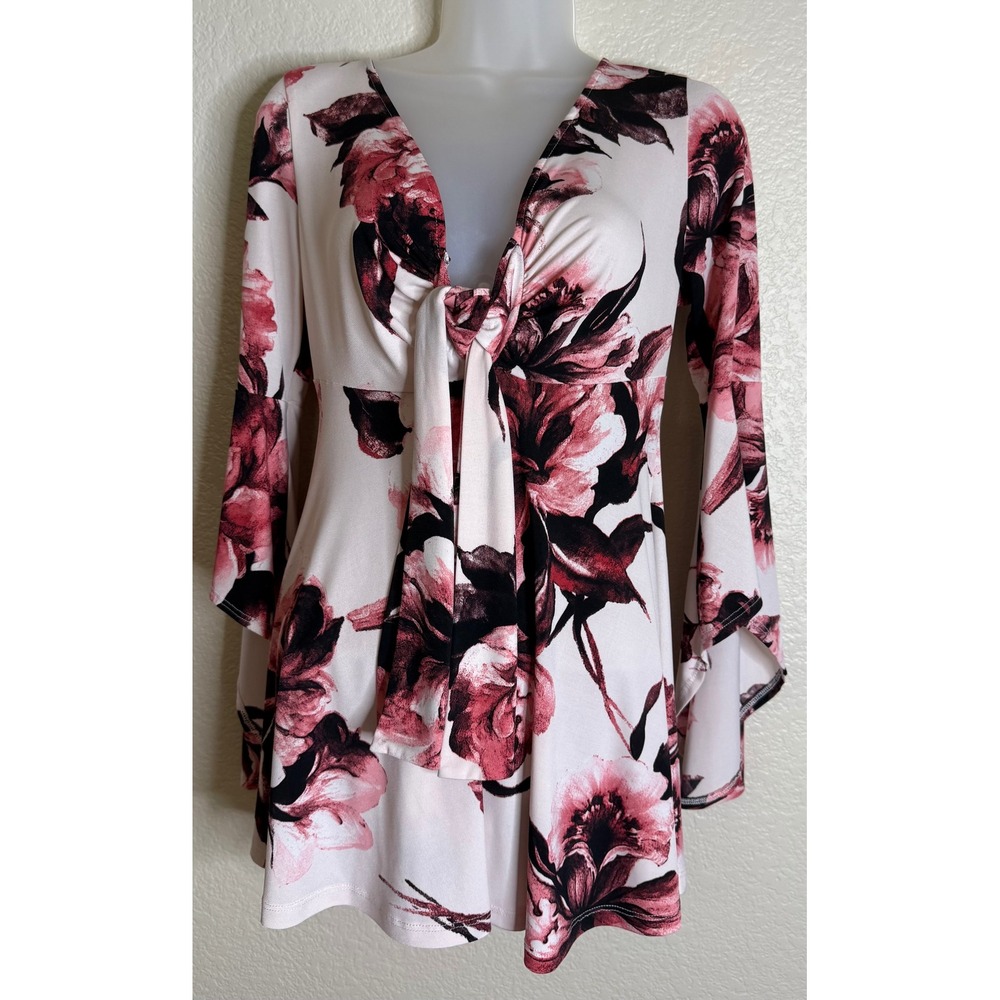 Venus Womens S Tunic Top Pink Floral Tie Front Bell Sleeve V Neck Boho Romantic